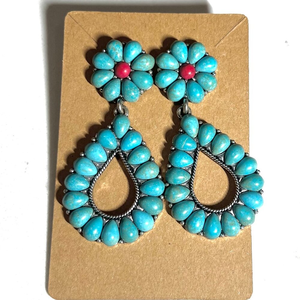 Western Turquoise Concho Tear Drops with Silver and Red